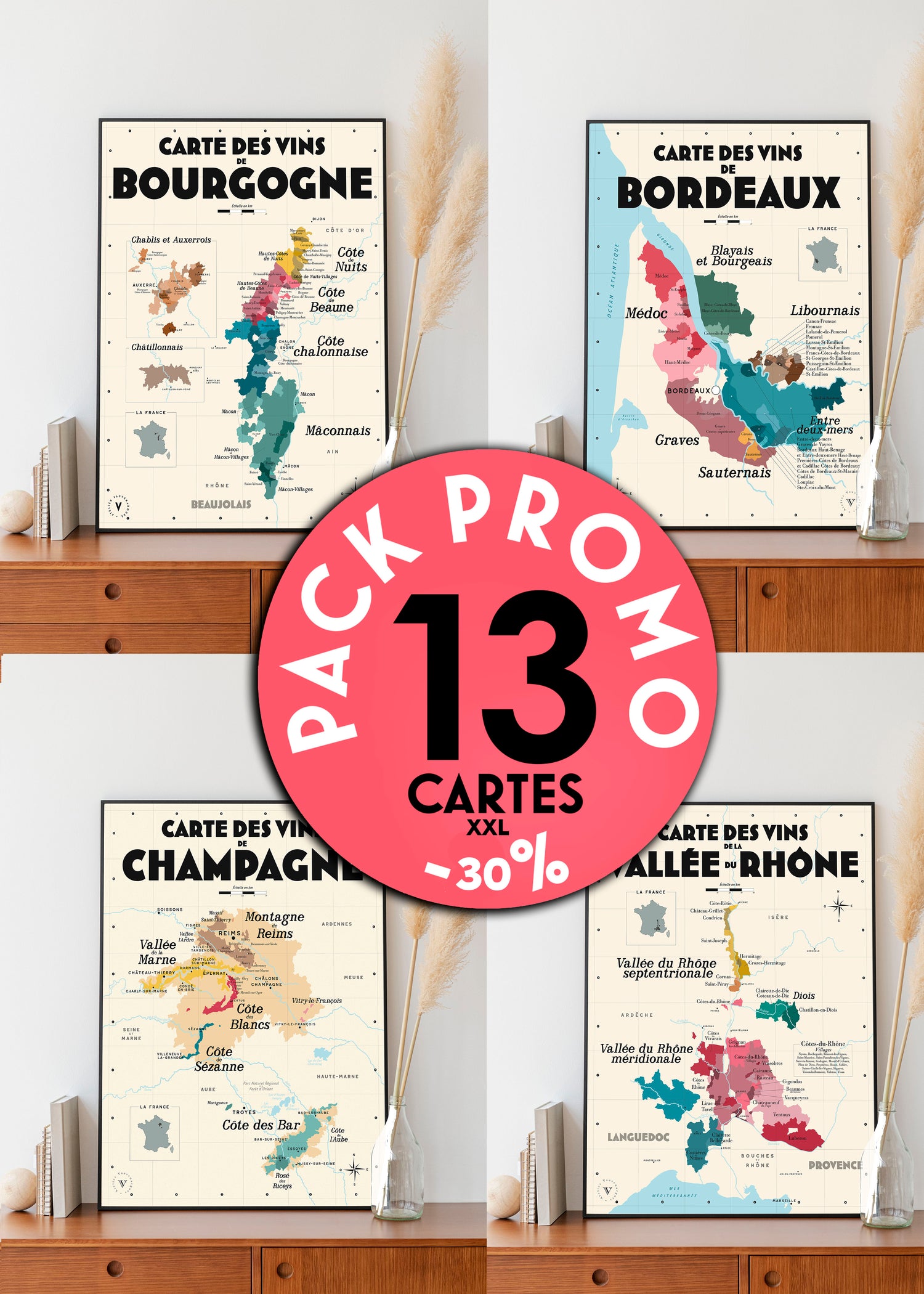 Pack complet 13 affiches XXL 50x70 cm - Les Vins de France 👉-30%
