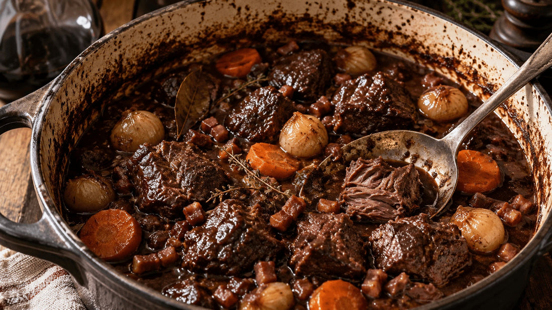 Civet de chevreuil mijoté en cocotte avec oignons grelots, carottes et lardons