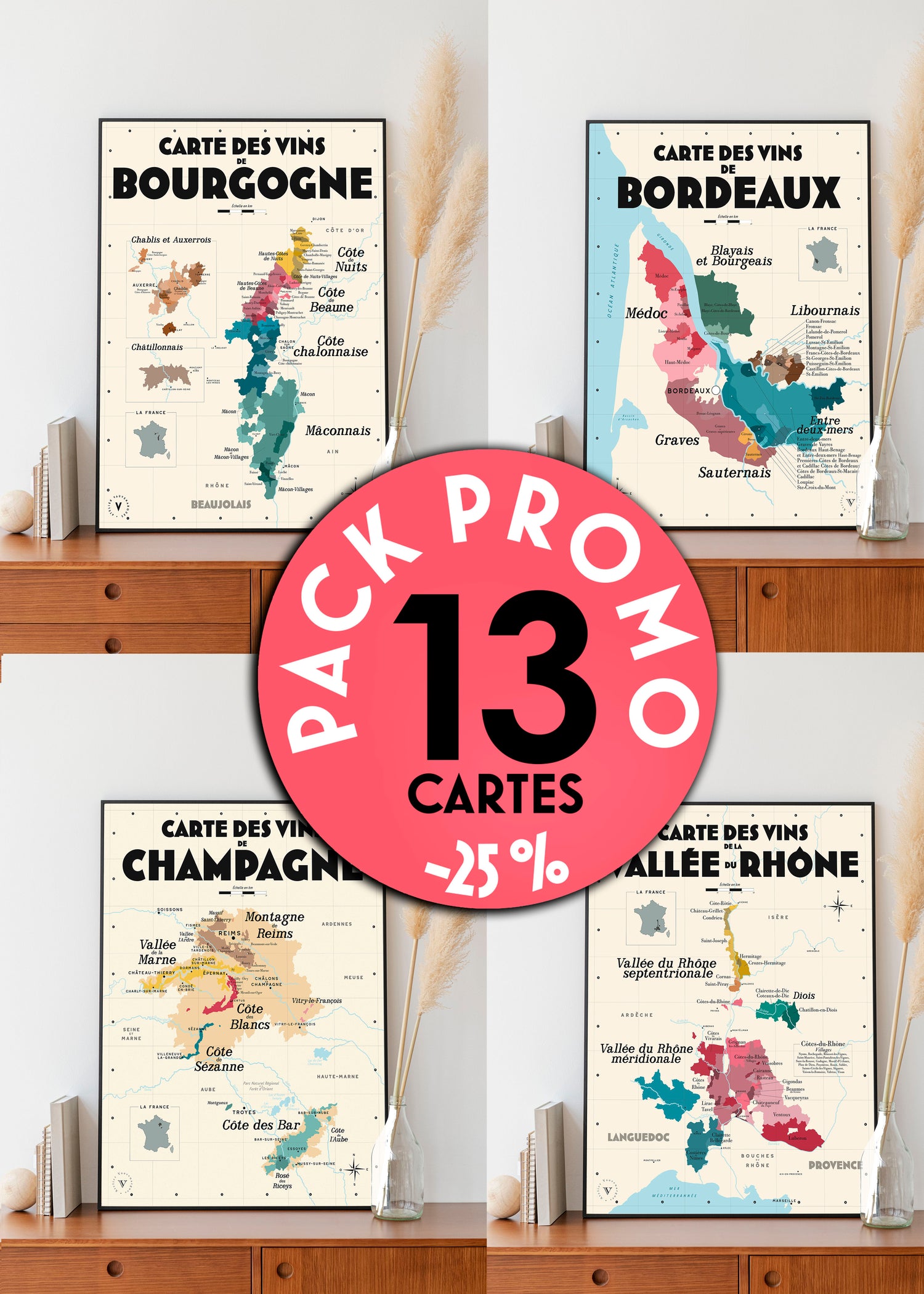 Pack complet 13 affiches 30x40 cm - Les Vins de France 👉-25%